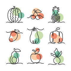 icons set of one line design of fruits and vegetables