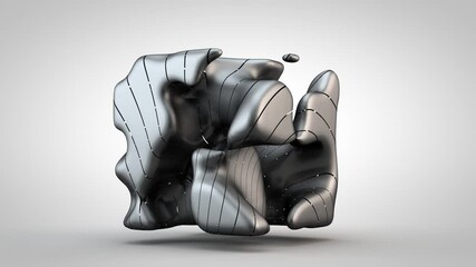 Poster - 3D abstract art, surreal loop animation of a cubic shape with flaws, wavy lines, soft curves. The metal figure is constantly changing shape. Isolated animation on a white background.