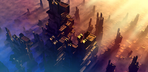 Wall Mural - Futuristic architecture rendering. Science fiction cityscape in sunset colors. 3D rendering