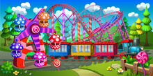 Amusement Park With Attractions. Roller Coaster, Ferris Wheel, Children's Railway.