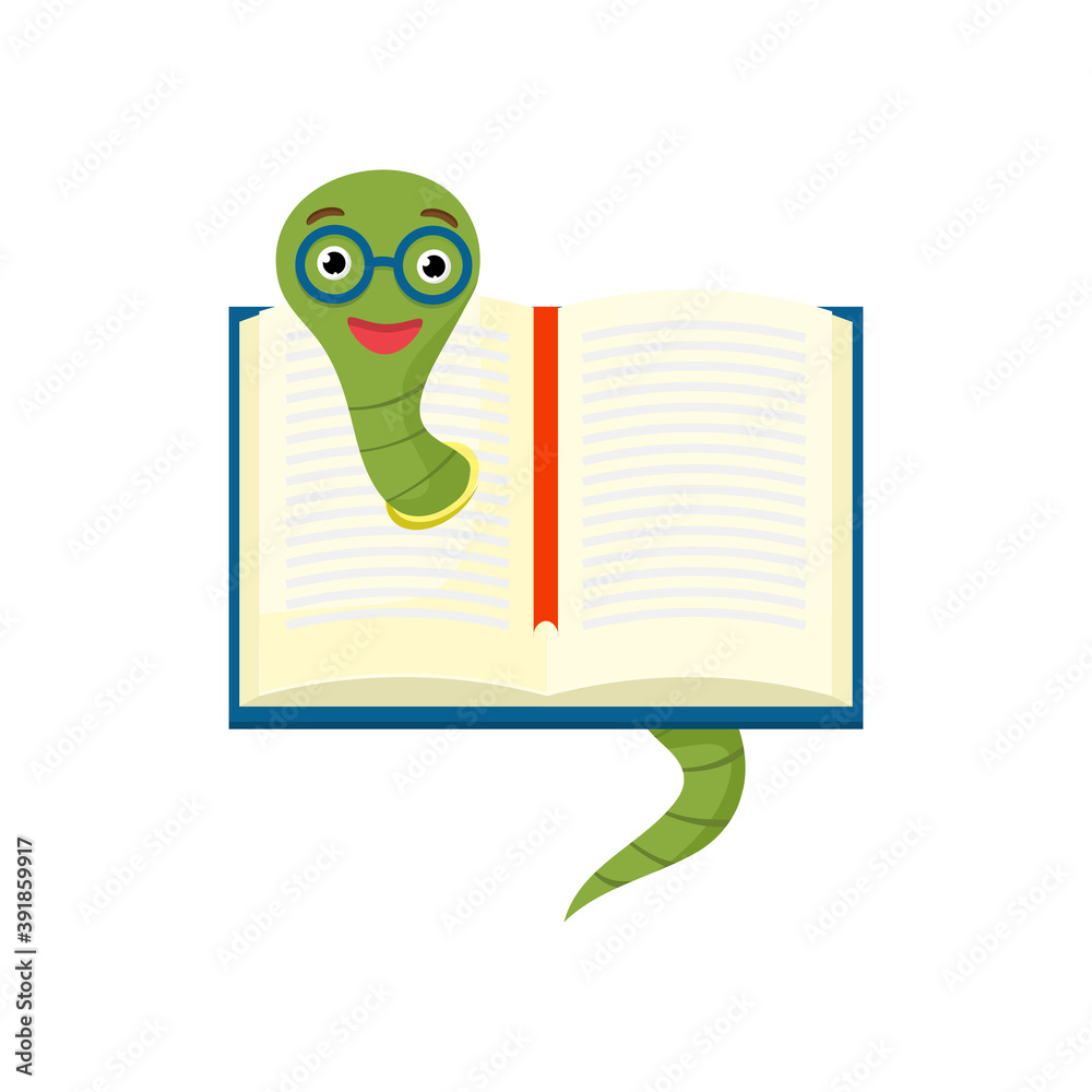 Cute bookworm with glasses pops out of an open book, isolated on white ...