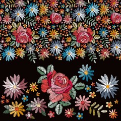 Wall Mural - Beautiful embroidery design with colorful flowers on black background. Creative print for fabric.