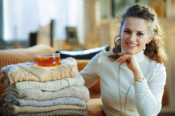 Wall Mural - female with sweaters and tea at modern home in sunny winter day