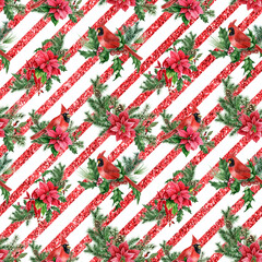 Christmas Watercolor background with poinsettia, cardinal and red stripes. Winter Seamless pattern