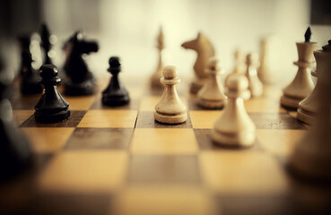 Wooden chess pieces on the chessboard.