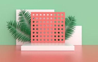 Leinwandbilder - 3d rendered studio with geometric shapes, podium on the floor. Platforms for product presentation, mock up background. Abstract composition in minimal design, tropic palm leaves