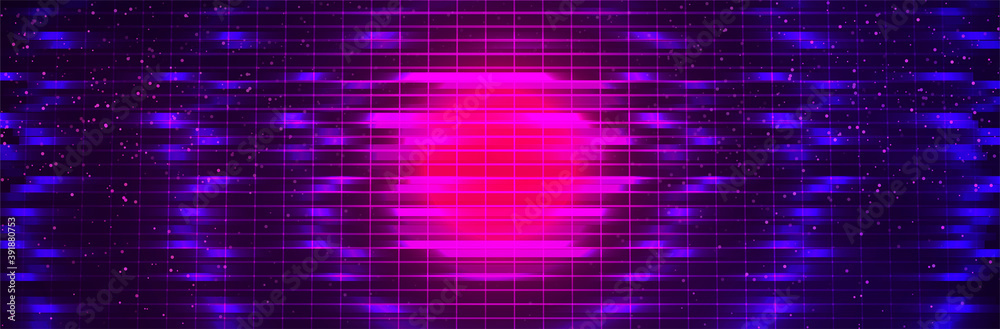 Synthwave grid background. Pink neon glow. Digital glitch. Dark night ...