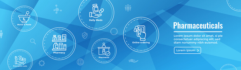Wall Mural - Pharmaceuticals and medications icon set w web header banner