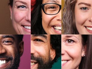 Group of 6 different people in front of a colored background