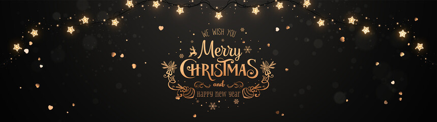 Wall Mural - merry christmas and new year text lettering on dark background with glitter gold confetti, bokeh and