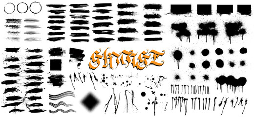 Fototapete - Very nice collection grunge, hi level traced. Grunge texture - brush stroke, spray graffiti, drops, brush lines, splashes, ink strokes and other. Ink artistic design texture. Vector set