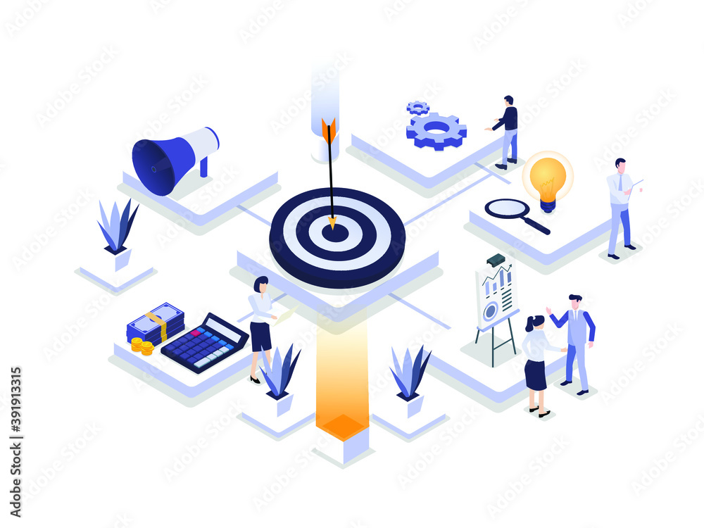Isometric business target vector concept: Business team working ...