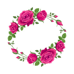 Wall Mural - Wreath, garland of pink roses. Vector flower decoration for cards, wedding, greetings. Valentine's day, mother's day with rosebud. Hot pink, ruby red, wine roses with leaves for bouquet, frame, corner