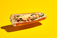 Flying chicken sandwich on yellow background