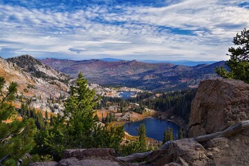 Lake Mary Marth Catherine panorama views from hiking trail to Sunset Peak on the Great Western Trail by Brighton Resort. Rocky Mountains, Wasatch Front, Utah. United States.