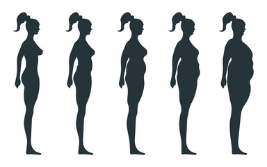 Wall Mural - Black view side body silhouette, fat extra weight female anatomy human character, people dummy isolated on white, flat vector illustration. Unhealthy lifestyle.