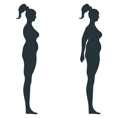 Wall Mural - Black view side body silhouette, fat extra weight female anatomy human character, people dummy isolated on white, flat vector illustration. Unhealthy lifestyle.