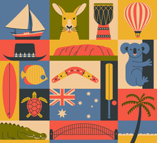Vector Illustration Icon Set Of Australia. Boat, Kangaroo, Drum, Balloon, Surfing, Fish, Boomerang, Cricket, Koala, Palm Tree, Bridge, Turtle, Crocodile.