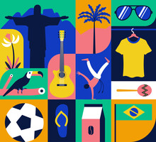 Vector Illustration Icon Set Of Brazil, Pattern, Color Background. Statue, Flower, Toucan, Football, Guitar, Capoeira, Coffee, Palm Tree, T-shirt, Maracas, Flag, Sunglasses, Flip Flops.