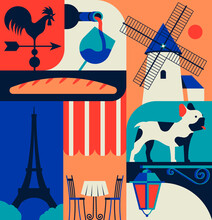 Vector Illustration Of France, Paris Icon Set, Color Background, Poster. Rooster, Wine, Windmill, Bread, French Buldog, Street Light, Cafe, The Eiffel Tower.