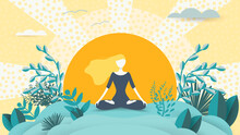 Spiritual Therapy For Body And Mind With Harmony Yoga Vector Illustration. Wellness And Health In Nature. Mentally Calm Girl On The Background Of The Sun. Balance And Serenity Of Mind And Body