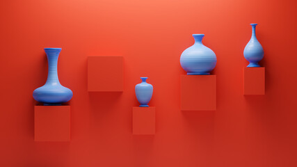 3d blue clay pots and vases on a red gallery wall background