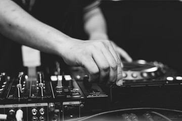 Close up of Dj mixes the track in nightclub at party. Hands of dj tweak various track controls on dj's deck.