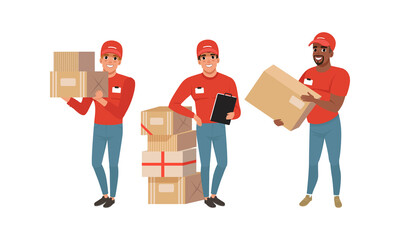 Sticker - Delivery Service Concept, Male Couriers in Uniform Carrying Boxes and Delivering Parcels Set Cartoon Vector Illustration