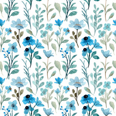 Blue wild floral watercolor seamless pattern.