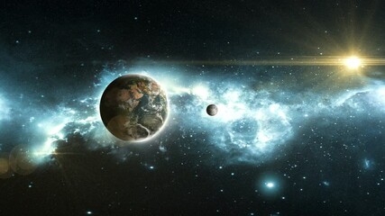 Wall Mural - earth and moon on the background of a beautiful nebula, 3d animation