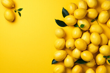 Wall Mural - Lemons frame on yellow background. Immune system booster. Copy space. Top view. Flat lay. Citrus fruits. Vitamins for health. Liposomal vitamin C. Lemon for vegan, vegetarian alkaline diet