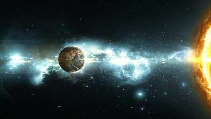 Wall Mural - earth and sun on the background of a beautiful nebula, 3d animation
