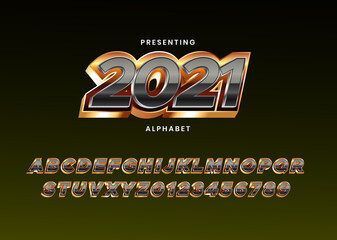 Fototapete - 2021 black and gold text effect. shiny metallic font alphabet