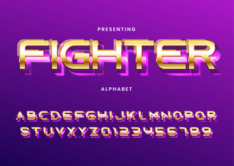 Poster - Fighter font. 3d bold gold metal fighting game style. Arcade Game title text effect font alphabet