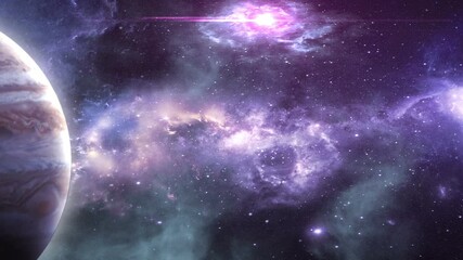 Wall Mural - jupiter on the background of a beautiful nebula, 3d animation