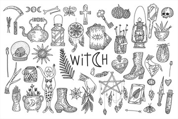 Supernatural magic collection of magical elements. Witch's things, vintage retro engraving style, vector graphics