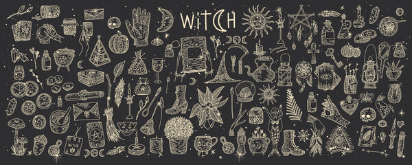 Wall Mural - Supernatural magic collection of magical elements. Witch's things, vintage retro engraving style, vector graphics