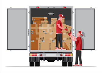 Wall Mural - Truck trailer loaded with cardboard boxes by movers. Delivery van with pile of boxes. Express delivering services commercial truck. Fast and free delivery. Cargo logistic. Flat vector illustration