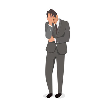 man holding his head with one hand, frustrated hopeless tired guy, negative emotions. Vector illustration