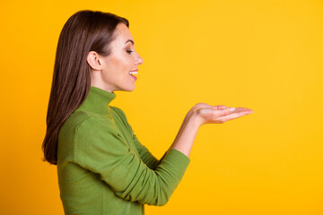 Wall Mural - Profile photo of attractive lady hold open arms empty space wear casual green sweater isolated yellow color background