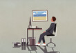 © fStop - Businessman at office desk looking at photograph of beach on wall