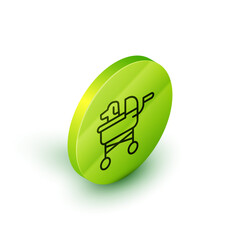 Sticker - Isometric line Pet stroller icon isolated on white background. Green circle button. Vector.