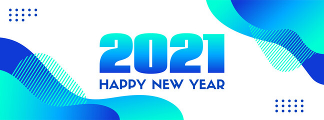 Wall Mural - 2021 happy new year. abstract blue long vector banner. trendy liquid fluid blue shapes on a white ba
