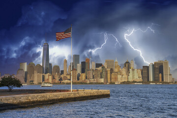 Wall Mural - Downtown Manhattan skyline under a coming storm, New York City - USA