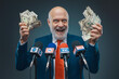 Greedy politician holding cash money