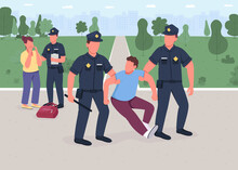Robber Arrest Flat Color Vector Illustration. Policeman Caught Burglar. Woman Victim. Legal Protection. Civilian Safety. Police Officers 2D Cartoon Characters With Cityscape On Background
