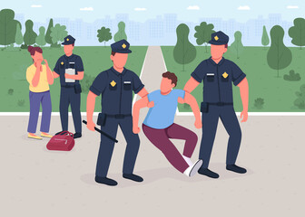 Poster - Robber arrest flat color vector illustration. Policeman caught burglar. Woman victim. Legal protection. Civilian safety. Police officers 2D cartoon characters with cityscape on background