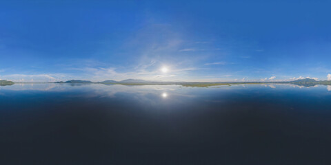 360 panorama by 180 degrees angle seamless panorama of aerial view of Bang Pra Reservoir dam. National park with reflection of river lake, mountain valley hills in Sri Racha, Chonburi, Thailand