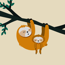 Cute Card With Sloth Mom And Baby. Happy Mothers Day. Vector Illustration.