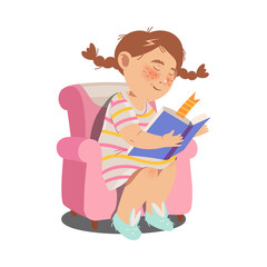 Wall Mural - Cute Girl Character Sitting on Armchair with Open Book and Reading Vector Illustration